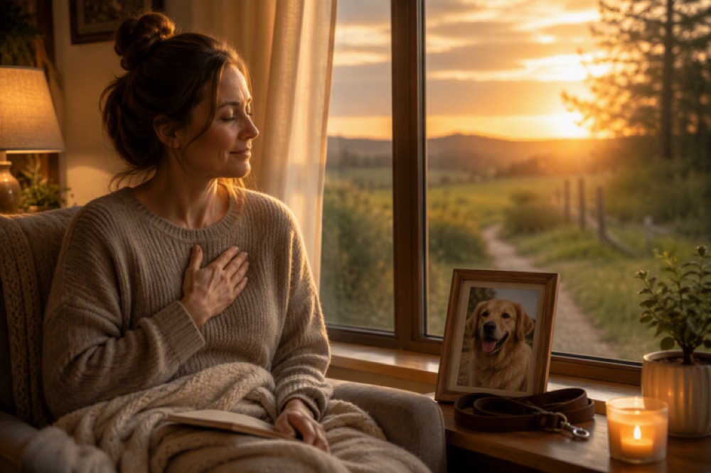 A person sitting by a window holding a framed photograph of a dog